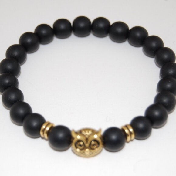 Owl Bracelet,Onyx Bracelet,Golden Owl Charm and Black Onyx Stone Beads - Picture 2 of 2